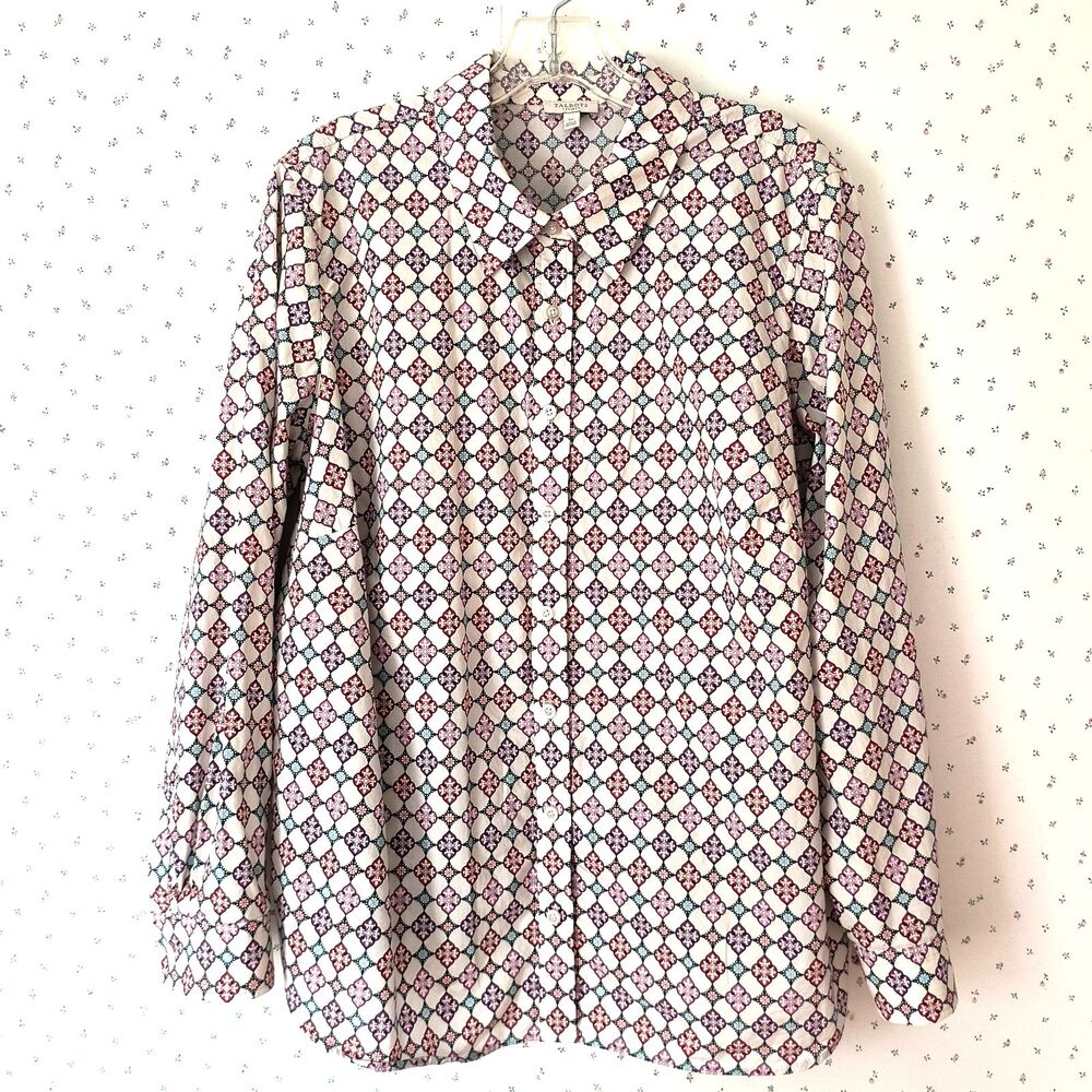 Talbots Top 1X Multicolor Geometric Print Cotton Button-up Office Preppy Classic